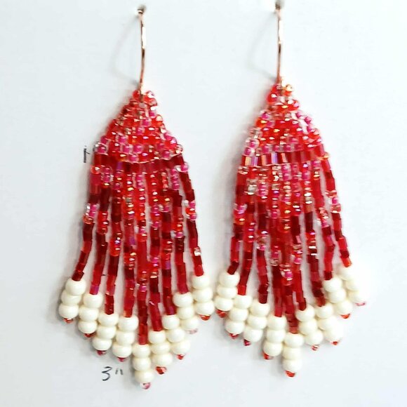 Christmas Beaded Fringe Dangle Earrings, Red & White, 3" - Picture 8 of 8